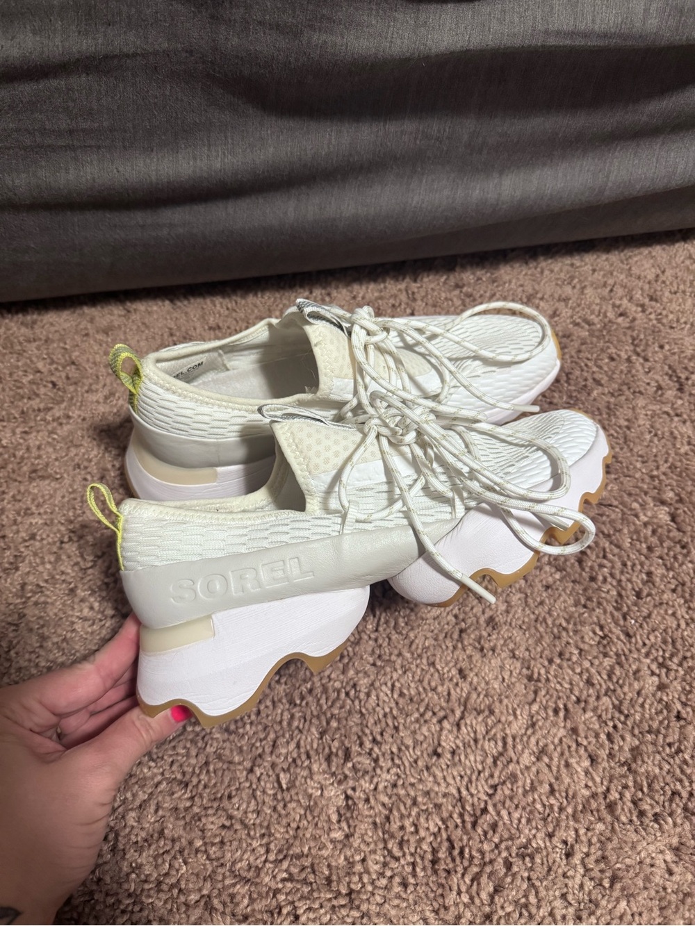 Sorel White Knit Lace-Up Platform Sneakers with Gum Outsole and Yellow Heel Tab